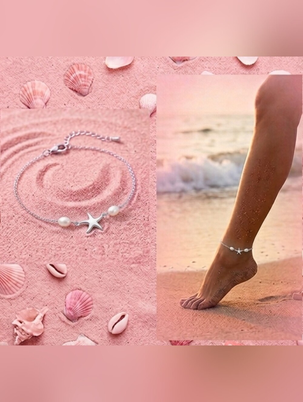 Silver star fish pearl anklet